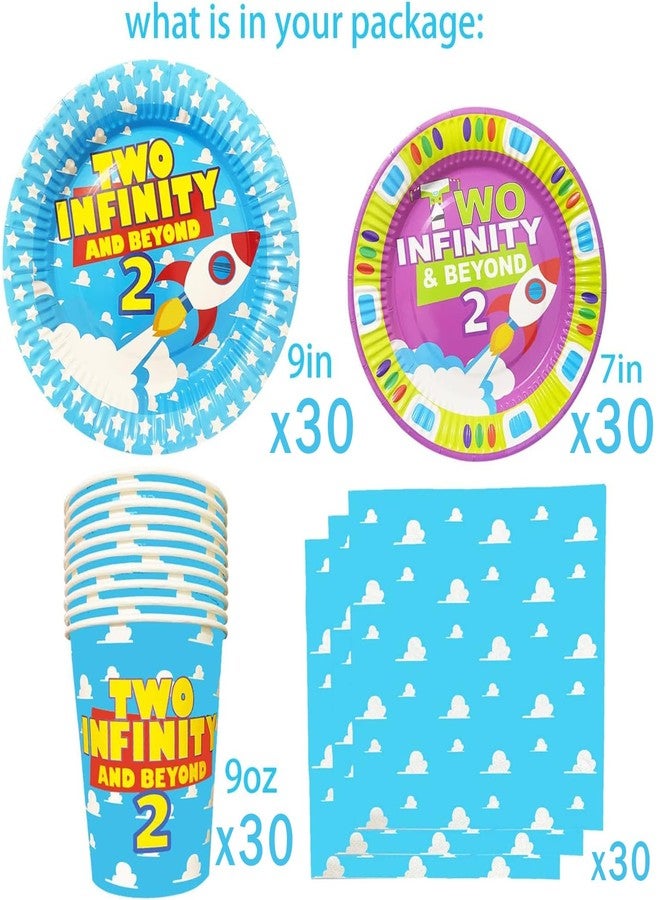 BIGKEOKI Cartoon Story 2nd Birthday Paper Plates Napkins and Cups Two inspired 2 to infinity inspired Beyond Bday Decorations Party Supplies Serve 30 Guests(Blue Sky 2nd Bday) - Image 2